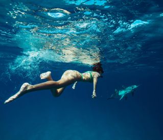 A woman enjoys snorkeling alongside a dolphin in crystal-clear blue water.